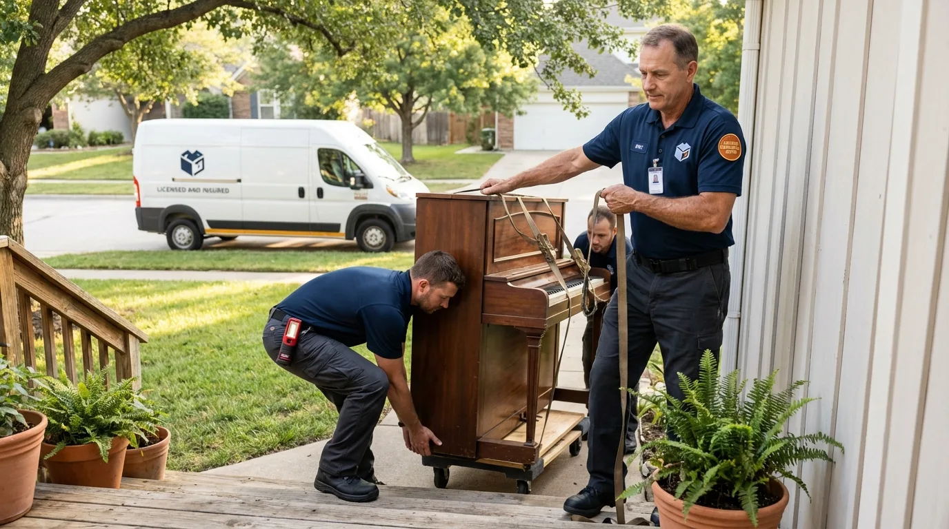 Licensed piano movers securing grand piano in Sabana Grande, PR
