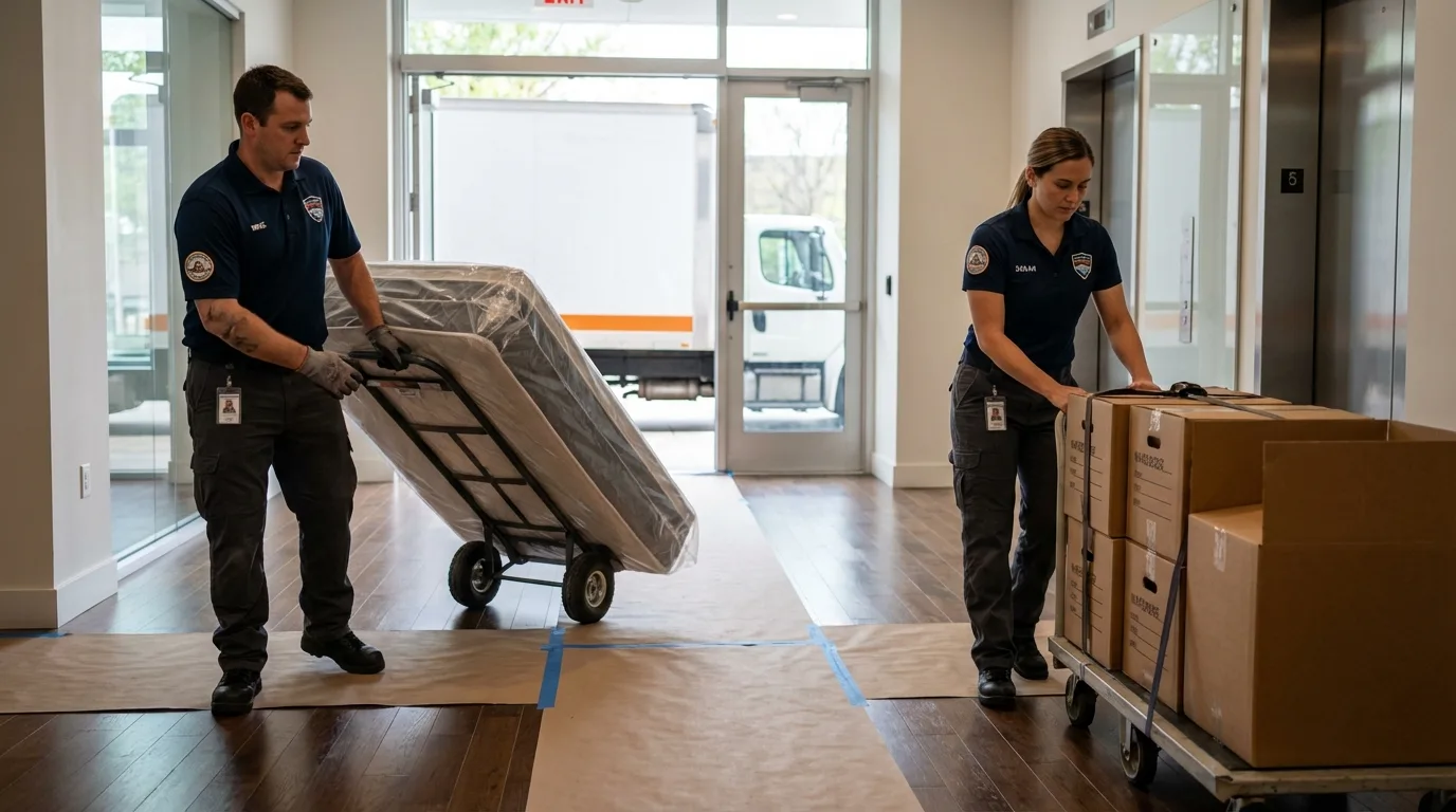Professional apartment movers loading elevator in Sabana Grande, PR
