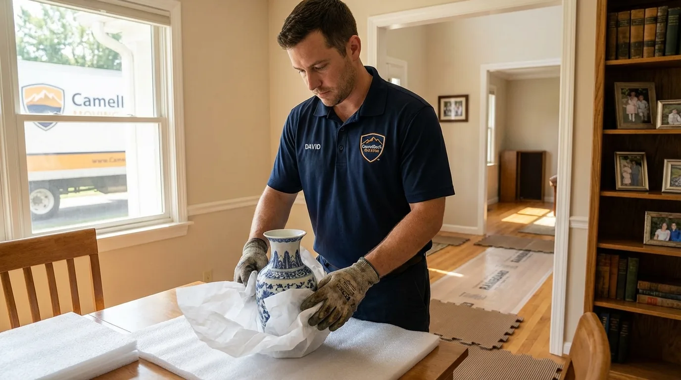 Professional crew carefully wrapping antique vase for senior downsizing move in Sabana Grande, PR