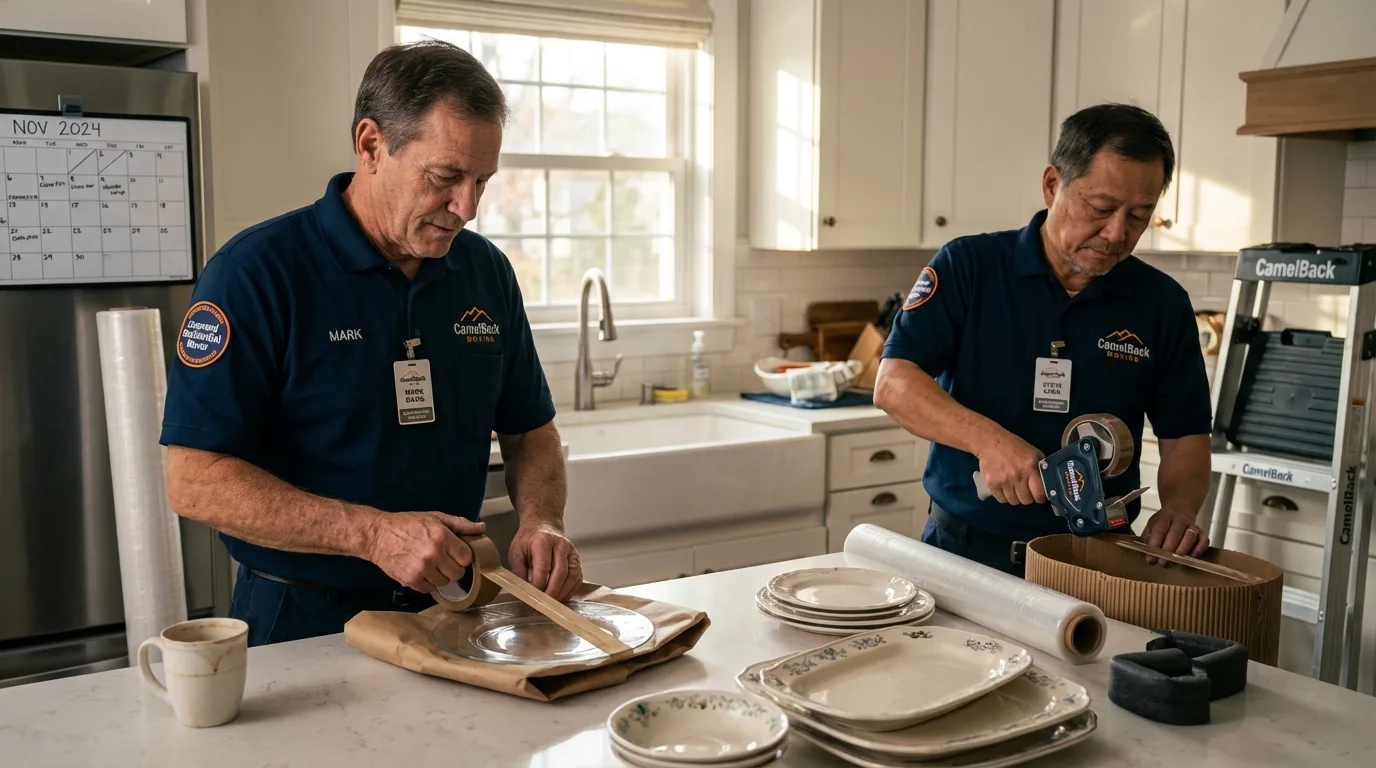 Professional crew packing kitchen dishware in Sabana Grande, PR